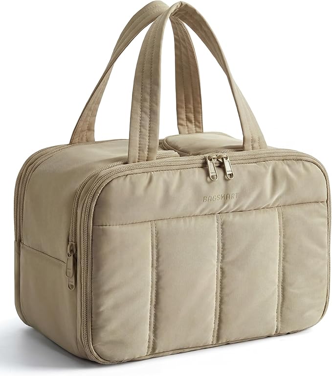 BAGSMART Travel Toiletry Bag, Puffy Large Toiletry Bag for Women, Lightweight Cosmetic Makeup Bag Organizer with Handle for Traveling, Accessories, Essentials, Toiletries (Grayish Brown)