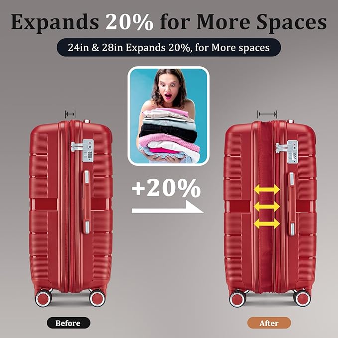 4 Piece Expandable Hardshell Pink Luggage Sets with Spinner Wheels, Lightweight Travel Suitcase Set with TSA Locks, 20 inch Carry On for Women (Wine Red, 4 Piece Set)