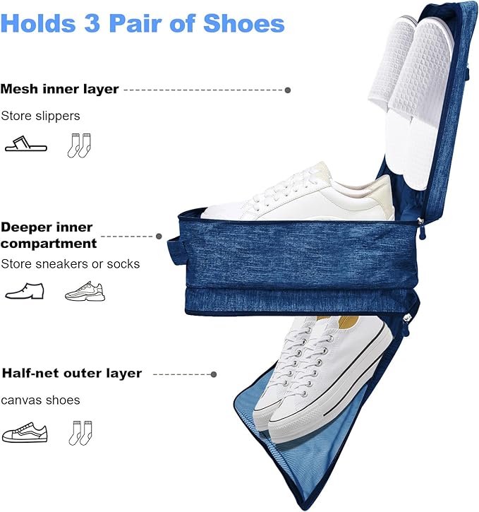 Large Shoe Bags for Travel, Holds 3 Pairs of Shoes, Portable Dance Shoe Storage Pouch, Sneaker Storage Bag (Navy Blue)