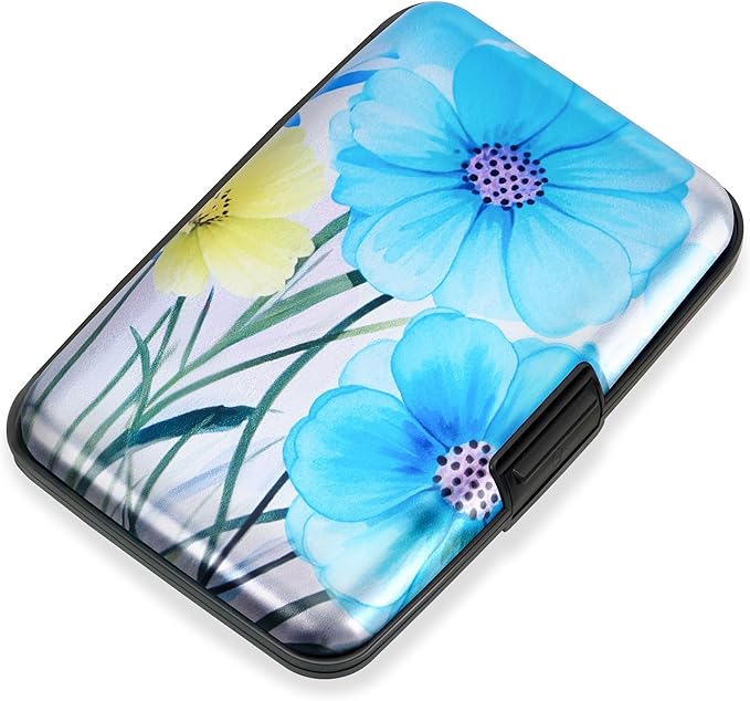 Mayski Credit Card Holder, RFID Blocking, Aluminum Alloy Hard Case, Small Mini Business Metal Wallet for Women Men, Blue Flower