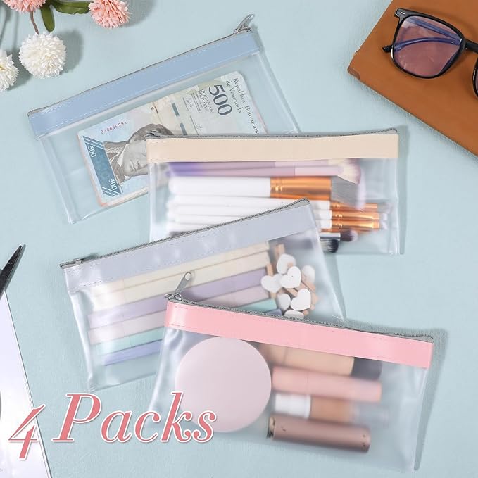 4 Pcs Clear Zipper Pouches, 8.26 x 4 Inch Mini Makeup Bag Waterproof Money Bags with Zipper Pocket Coin Pouch Clear Pencil Pouch Multi-Purpose Storage Bags for Purse Keys Toiletries Office Supplies