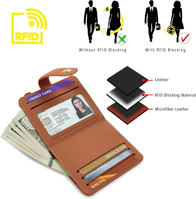 Airkit Small Wallets Woman RFID Blocking Leather Credit Card Holder - with ID Window - Card Wallets for Women - with Zipper Coin Purse - Keychain Wallet