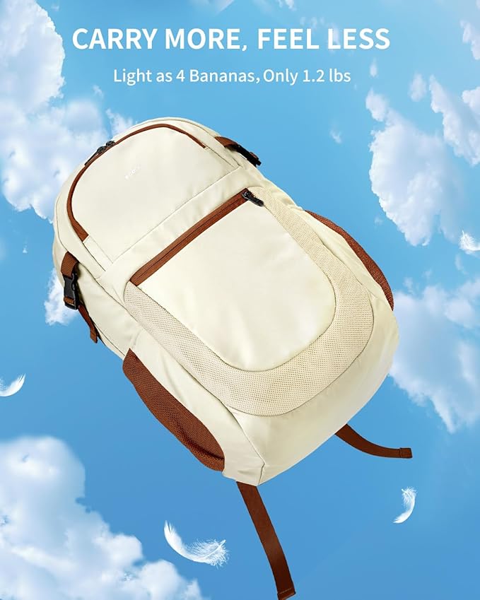 ECOHUB Travel Backpack for Women, 17.3 inch Suspended Laptop Backpack, Fashion Water-Resistant College Computer Bookbag, 28L Personal Item Bag with 12 Pockets for Causal, Work, Cream & Brown