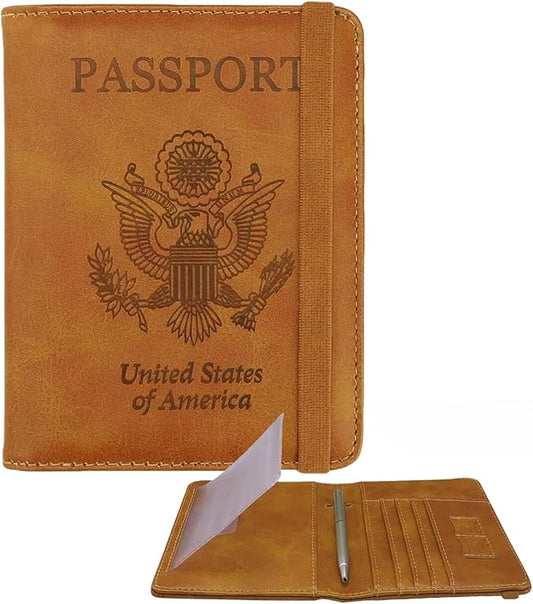 WALNEW Passport Holder for Travel, RFID Passport Cover Wallet for Women Men, PU Leather Passport Book Card Holder Case with Pen (Upgraded, Upgraded-Brown)