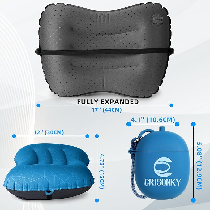 Camping Inflatable Pillow with 2-in-1 Silicone Air Pump Storage Bag – Ultralight Travel Pillow for Airplane, Lumbar Support, Dual Valve Easy Inflate, Compressible Ergonomic (Navy Blue)