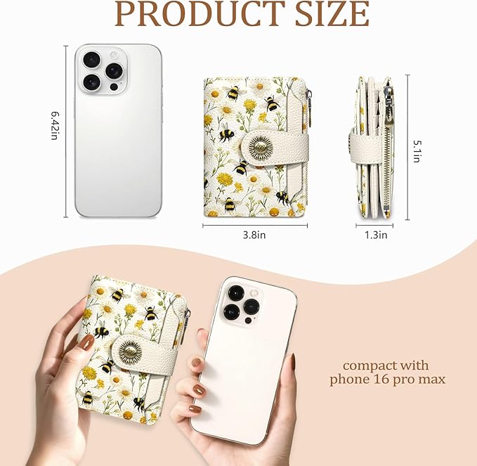 Icycay Floral Bee Small Wallet Women RFID Blocking Bifold, Credit Card Holder, Zipper Coin Pocket, PU Leather, Cute, Compact, Travel, 4 ID Window, 14 Card Slots, Cash Purse, Ladies Woman Female Girls