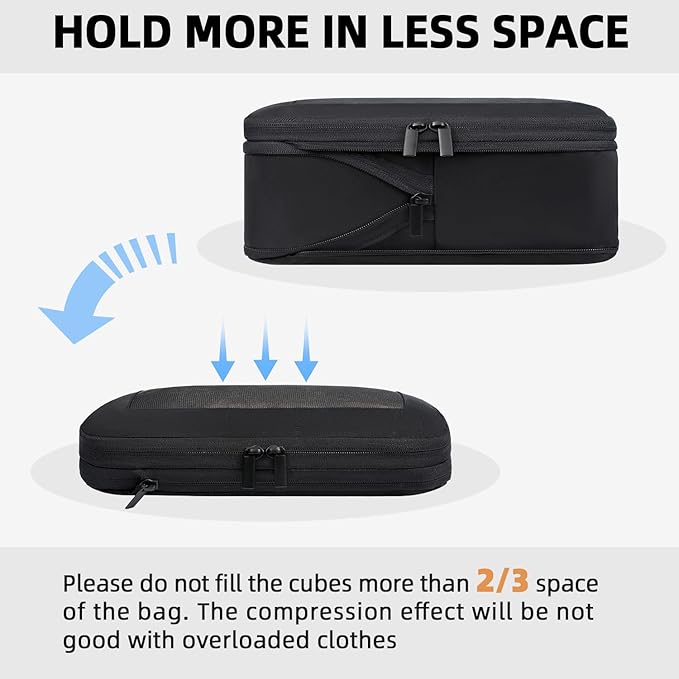 BAGAIL 4 Set/6 Set/8 Set Compression Packing Cubes Travel Accessories Expandable Packing Organizers (Square Mesh, 05-Jet Black)