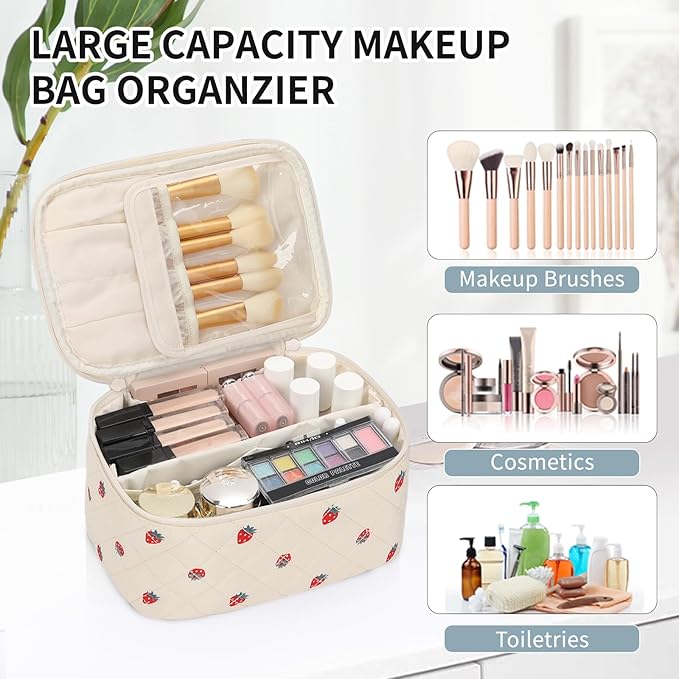 OCHEAL Makeup Bag,Travel Makeup Organizer Bag, Large Capacity Cosmetic Bags For Women Large Travel Toiletry Bag Girls Traveling With Brush Slot And Divider-Strawberry