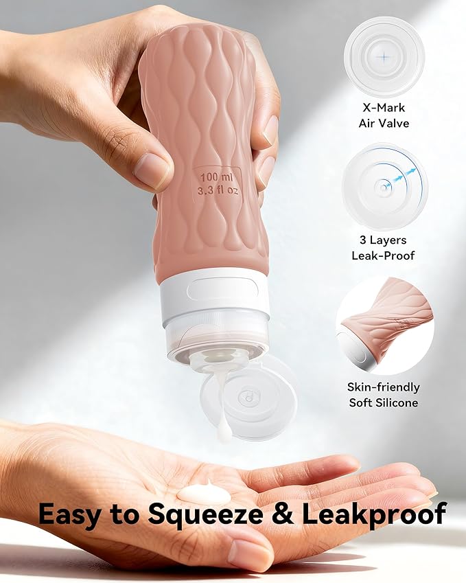 Silicone Travel Bottles for Toiletries 8 Pack Travel Size Toiletries 3.4 oz 1.7 oz, Leakproof Squeeze Travel Size Containers Refillable Cosmetic Jars Set for Shampoo, Conditioner, Creams