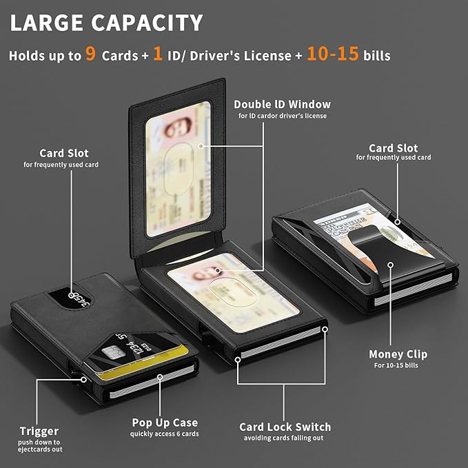 Wallet for Men Aluminum RFID Blocking-Metal Smart Pop-Up Credit Card Holder with 2 ID Windows, Holds 8-10 Cards,Bifold Security Front Pocket Wallet & Money Clip,Men's accessories (Black)