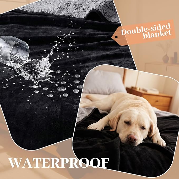 Tisancy King Size Waterproof Blanket for Bed Couch, 82'' x 82'' Double Side Leakproof Reversible Sherpa Flannel Fleece 3-Layer Lightweight Blanket, Absorbs 80oz(Black/Gray), Machine Washable