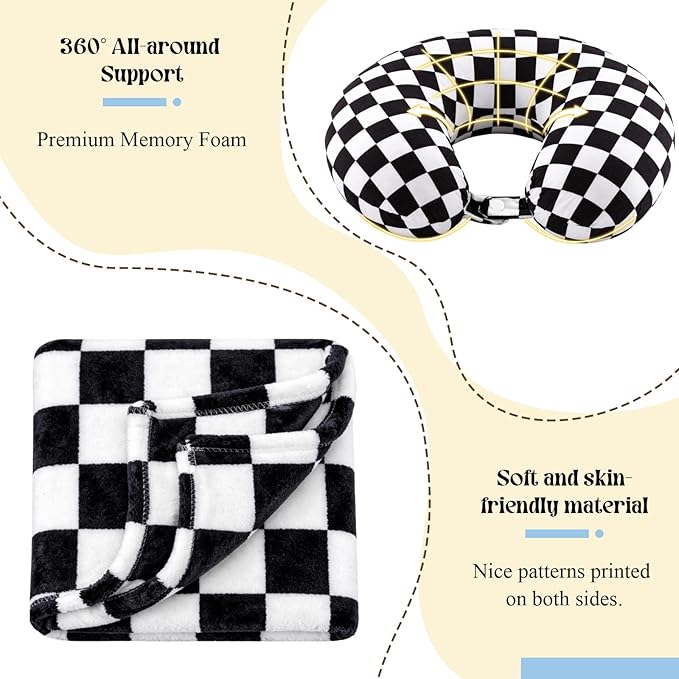 5 Pcs Travel Pillow and Blanket Set, 5 in 1 Travel Airplane Compact Includes 40 x 60 Inch Throw Blanket Eye Mask Neck Pillow Earplug and Bag Gifts for Travelers Women(Checkered,Black)