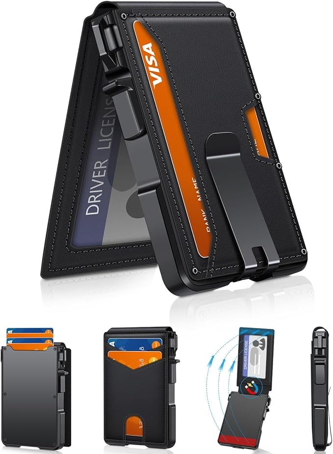 ZALVEX Wallet for Men, Mens Minimalist Wallet 9-13 Cards, Slim Compact Wallet with Money Clip & ID Window, RFID Blocking Smart Pop Up Card Wallet, Metal Aluminum Credit Card Holder Bifold Wallet