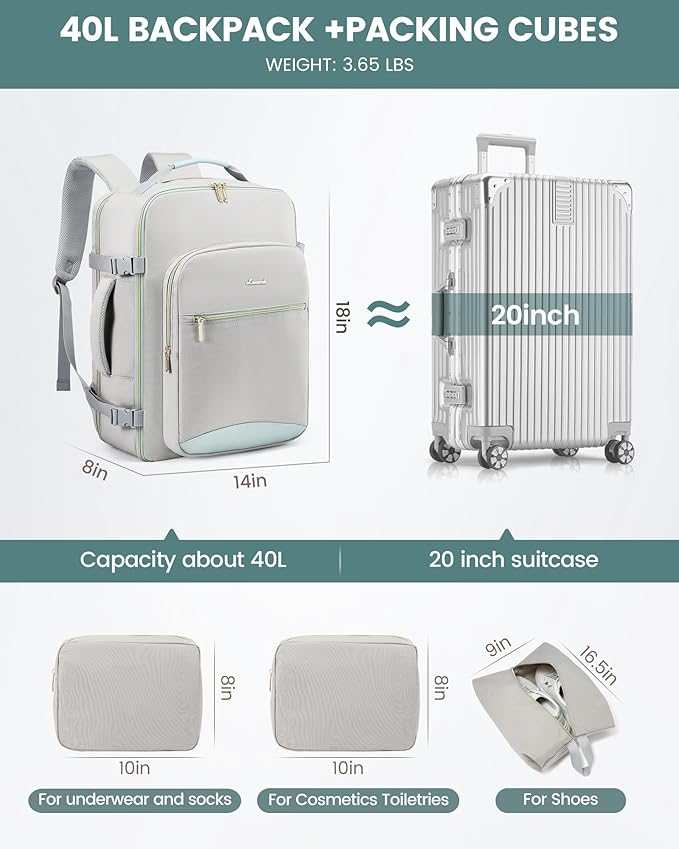 LOVEVOOK Travel Backpack for Women & Men 40L,Airline Approved Carry On Backpack Travel Essentials,TSA Carry on Luggage,Waterproof Personal Item Travel Bag,Suitcase with 3 Cubes,Light grey-Mint green