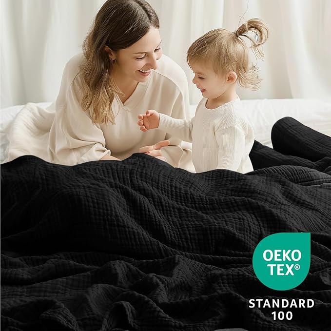 100% Cotton Muslin Blanket 50"x 60", 6 Layers Breathable and Lightweight Cotton Throw Blankets for Couch, Soft Cooling Summer Gauze Blanket for Adults All Season, Black