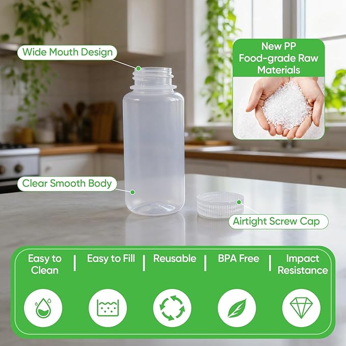 DEMORA 8 oz Plastic Bottles with Lids, Airtight Refillable Wide Mouth Travel Bottles for Toiletries, PP Food Grade Plastic Containers for Liquids Pill Water Sample Lab Reagent (Clear, 2 Pcs)