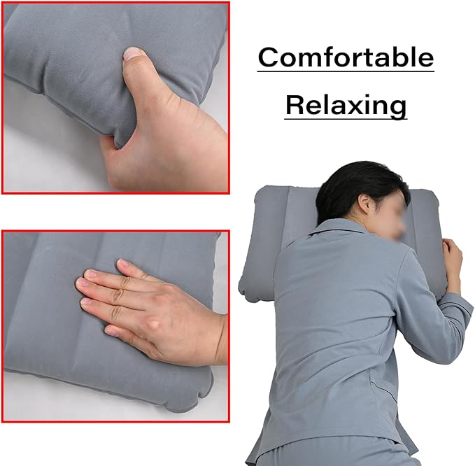2 Pack Gray Ultralight Inflatable Pillow Small Squared Flocked Fabric Air Pillow for Beach Hiking,Camping,Traveling,Napping,Desk Rest,Neck &Lumbar Support
