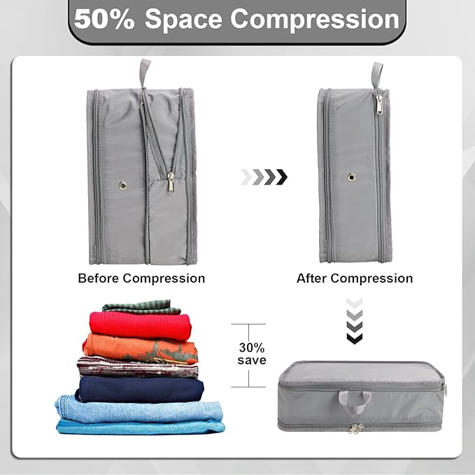 Compression Packing Cubes for Travel Essentials, 2pc Expandable Travel Cubes for Packing Bags Suitcase Organizer, Grey