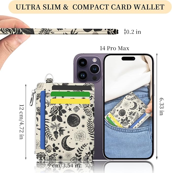 Hancynir Goth Moon Floral Slim Wallet Women Credit Card Holder Gothic Flower RFID Blocking Small Cute Card Wallets Mini Front Pocket PU Leather Thin Travel Zipper Coin Cash Ladies Female Wallet Gifts