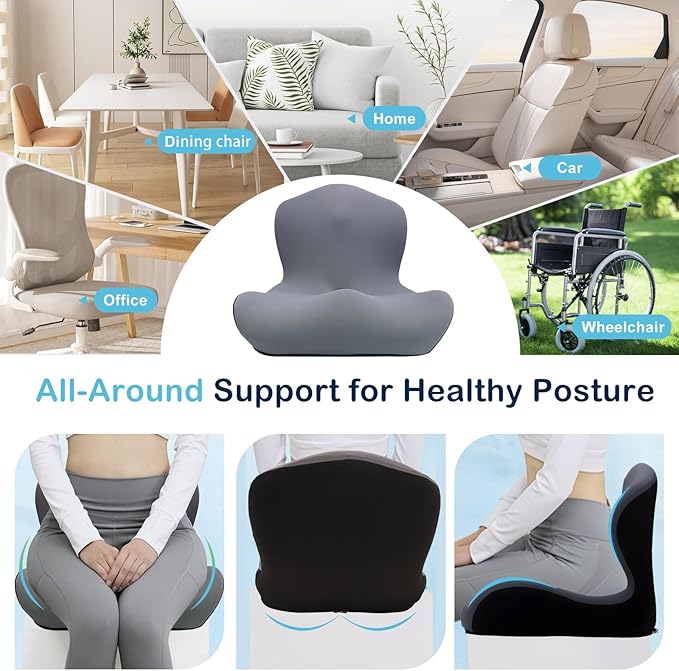 Seat Cushion for Office Chair and Car, L-Shaped Ergonomic Car Seat Cushions, Memory Foam Chair Cushion, Lumbar Support Pillow for Wheelchair, Car, Home, Office, Desk, Gray