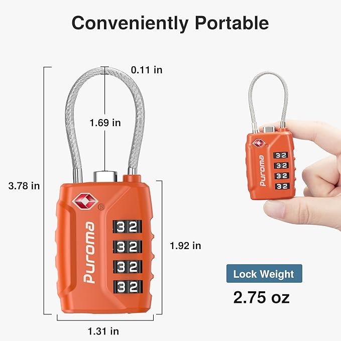 Puroma 2 Pack TSA Approved Luggage Locks, 4 Digit Combination Travel Cable Locks Resettable Code Lock with Zinc Alloy Body for Suitcase, Toolbox, Backpack, Bag, Gym Locker (Basic Robust Orange)