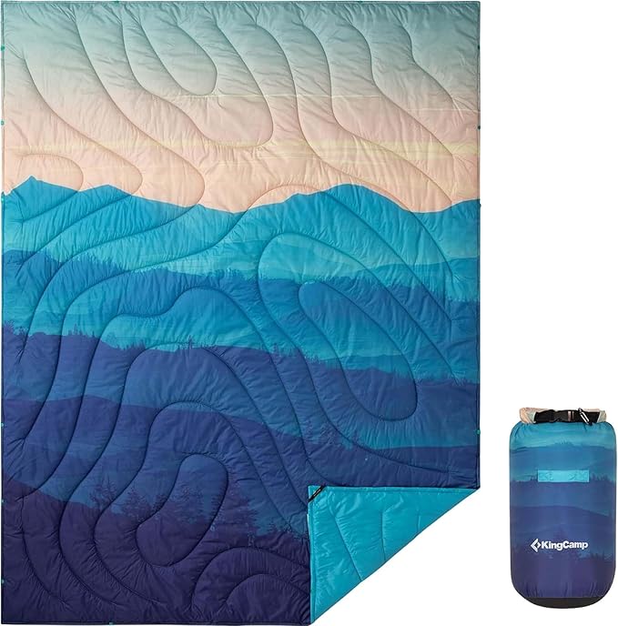 ingCamp Ultralight Camping Blanket, Packable Down Alternative Puffy Printed Wearable Blanket with Snap Buttons & Corner Loops Weatherproof Quilt for Outdoor Travel Stadium (78.7" x 57.1", Cyan/Orange)