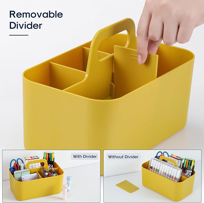 Multiuse Caddy Organizer with Handle, Portable Divided Plastic Tote Bin - Art Craft, Stationary Pen Marker Crayon, Makeup Hair Supplies Storage - Bathroom, Classroom, Dorm, Office, Desk Holder -Yellow