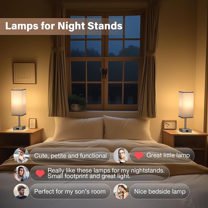 Bedside Lamp for Bedroom Set of 2 - Grey Table Lamp for Nightstand | AC Outlet, 3 Color Temperatures, LED Bulb Included, Pull Chain Design, 14" Rectangular Desk Lamp for Dorm/Office, 2-Pack