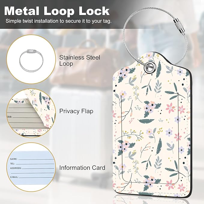 2Pack Luggage Tags for Suitcases, Cute Unique Pu Leather Cruise Luggage Tag with Privacy Cover ID Label Address Card and Metal Ring Suitable for Women Men Kids Travel Bag Beige Pink Crushed