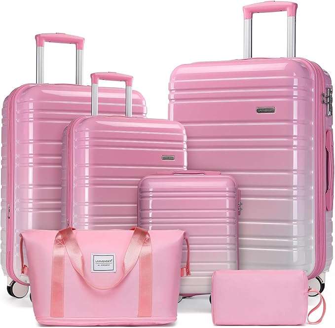 LARVENDER Luggage Sets 6 Piece, Expandable PC+ABS Hardside Multicolor Suitcase Sets with TSA Lock Double Spinner Wheels, Peach Sparkling
