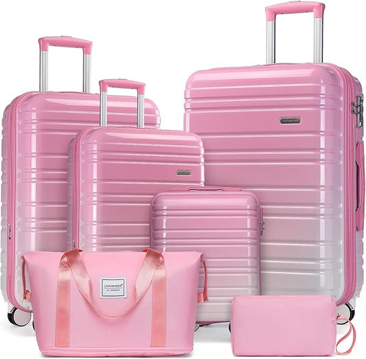 LARVENDER Luggage Sets 6 Piece, Expandable PC+ABS Hardside Multicolor Suitcase Sets with TSA Lock Double Spinner Wheels, Peach Sparkling