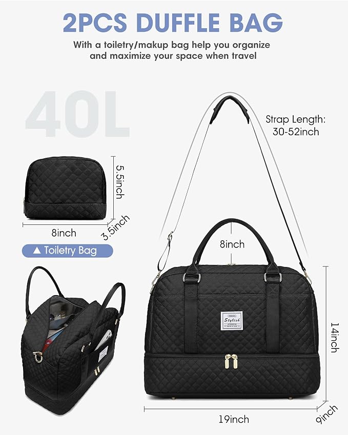 Weekender Bags for Women Travel Bag - Duffle Bag with Shoe Compartment Carry on Overnight Bag for Women Hospital Bags for Labor and Delivery 2Pcs Set Black