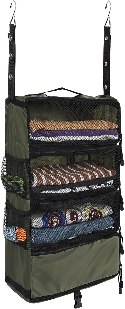 Surblue Travel Hanging Luggage Organizer Portable Suitcase Closet Organizer Multiple Compartments Collapsible Compression Packing Cubes Shelf, Green, S