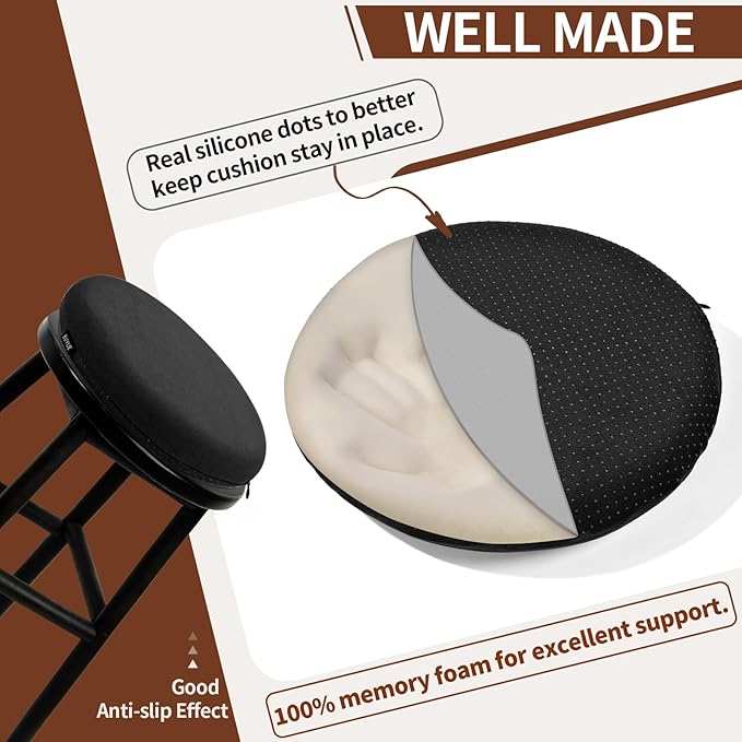 BUYUE Memory Foam Seat Cushion, Dia 15" Soft Velvet Round Stool Cushion Anti-Slip Chair Pads, M, Black