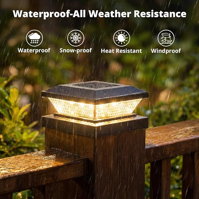 4x4 Solar Post Cap Lights Outdoor 8 Pack, Waterproof Solar Fence Light for Wooden/Vinyl Post, 2 Color Outside Deck Patio Porch Decor, Black