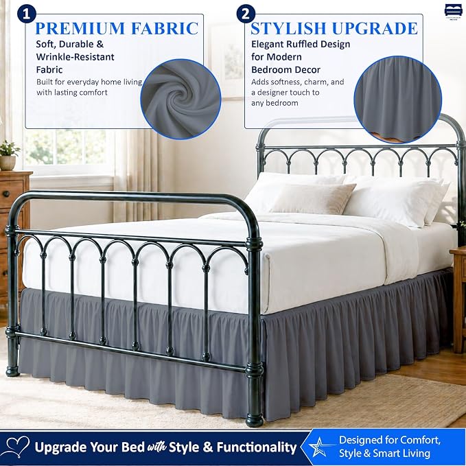 Ruffled Bed Skirt with Split Corners-Dust Ruffle - 18" Drop 100% Microfiber Soft,Sheen & Luxurious Look - Bed Skirts (Dark Grey -Queen)