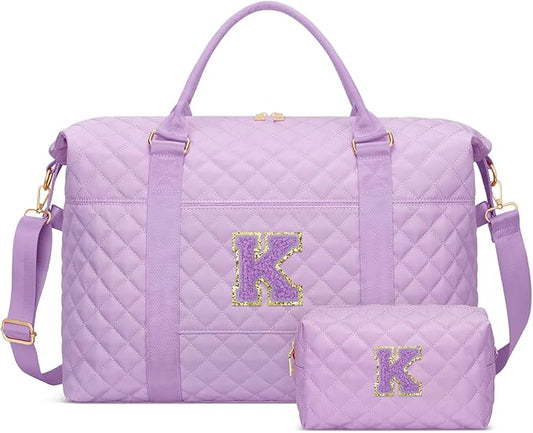 Gifts for Teen Girl, Initial Travel Duffle Bag, Personalized Women Weekender Overnight Bags, Gift for Daughter Kid Mom Friend College Girl Graduation Teacher（Purple,K)