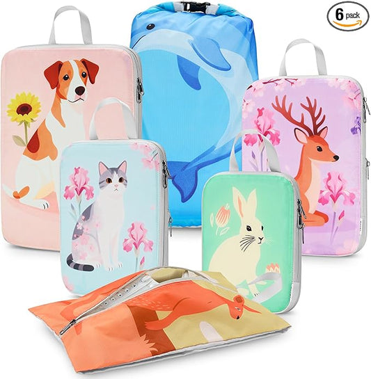 Gonex Compression Packing Cubes, 6pcs Expandable Storage Travel Luggage Bags Organizers with Shoe Bag Laundry Bag, Travel Cubes for Suitcase Carry On (Animals)