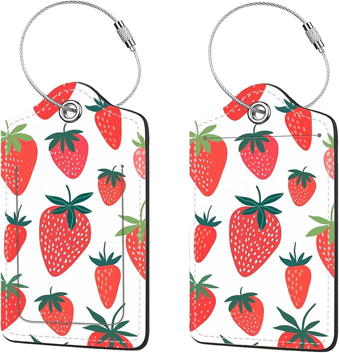 2 Pcs Luggage Tags for Suitcase, Cute Unique PU Leather Travel Bag Tag with Privacy Cover ID Label Address Card and Durable Metal Ring Suitable for Men Women Children Backpack,Strawberry Pattern