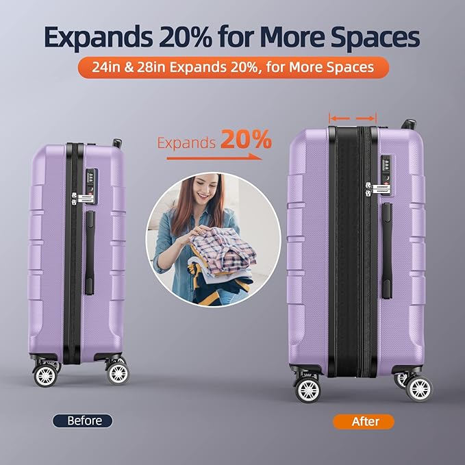 SHOWKOO Full PC Hardshell Luggage Sets, 20/24/28 In Suitcase with TSA Lock & Spinner Wheels, Lightweight Durable Travel Luggage Lavender Purple