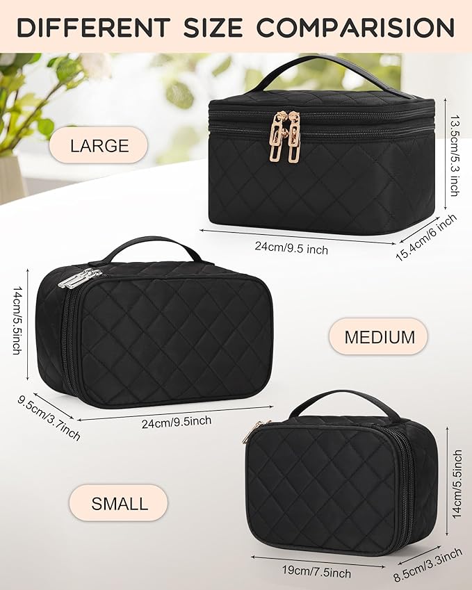 Relavel Travel Makeup Bag, Large Cosmetic Bag with Separate Makeup Brush Compartment, Cute Make Up Pouch for Women, Double Layer Toiletry Organizer Bag for Travel - Black