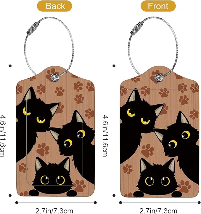 2Pack Luggage Tags for Suitcases, Cute Unique Pu Leather Cruise Luggage Tag with Privacy Cover ID Label Address Card and Metal Ring Suitable for Women Men Kids Travel Bag Black cat