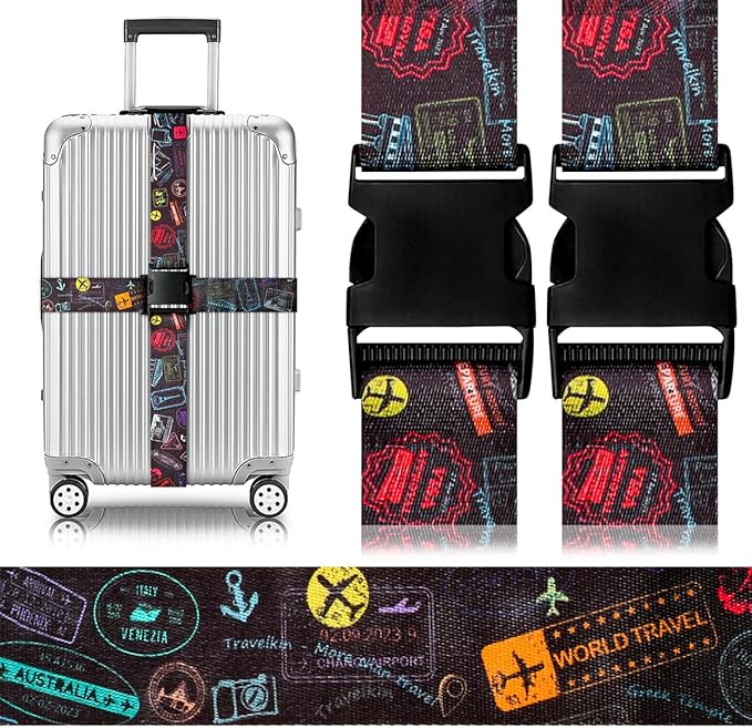 Gutsdoor Luggage Straps for Suitcases Adjustable Travel Belt, Connector Holds Suitcase Bright Colorful Identifiers Travel Bag Accessories (Airplane Black)