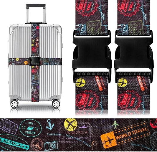Gutsdoor Luggage Straps for Suitcases Adjustable Travel Belt, Connector Holds Suitcase Bright Colorful Identifiers Travel Bag Accessories (Airplane Black)