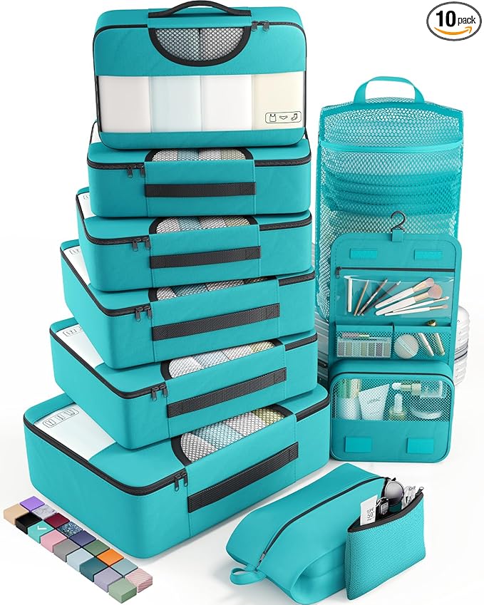 Veken 10 Set Packing Cubes for Kids & Toddler, Airplane Travel Essentials, Beach Vacation & Road Trip Suitcase Organizer Bags Set for Luggage, with Hanging Toiletry & Shoe Bag