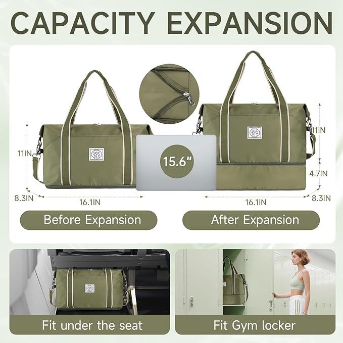 WALNEW Travel Duffel Bag, Weekender Overnight Carry On Bag for Women Men, Foldable Waterproof Gym Luggage Duffle Bag with Metal Buckle Detachable Shoulder Strap and Wet Compartment (Army Green)