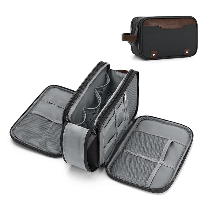 Wedama Toiletry Bag for Men, Medium Hanging Travel Toiletry Bag, Extra Electronic Organizer Bag Waterproof Shaving Bag for Toiletries with PU Handle for Travel Business Trips Swim Camping, Grey