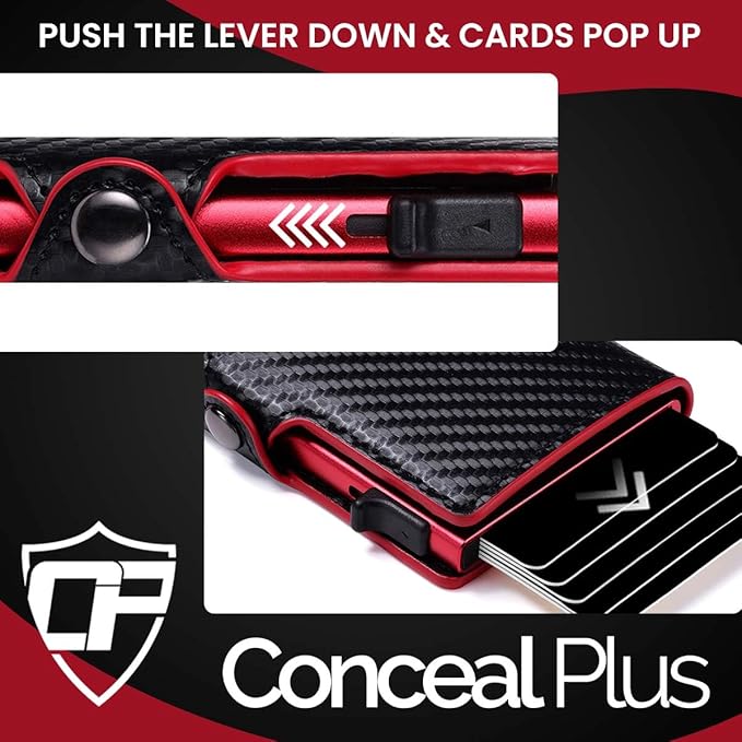 Conceal Plus Card Blocr Pop Up Wallet for Men - Slim Metal RFID Blocking Card Holder (4-6 Cards Ejector) - Minimalist Smart Front Pocket Wallet with Internal Cash + ID Storage
