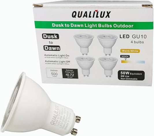 Qualilux MR16 GU10 Dusk to Dawn Light Bulbs, Warm White 3000K, 50W Equivalent, 500LM, Auto On/Off Light Sensor Bulb, Non-dimmable, LED 6W 4 Pack, HQ-H044