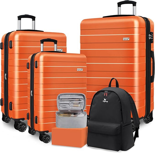 Zebra Luggage Sets 5 Piece, Lightweight Hardside Business Travel Suitcase Set with TSA Lock, Bonus Travel Backpack & Makeup Bag, 20/24/28 inch,Orange